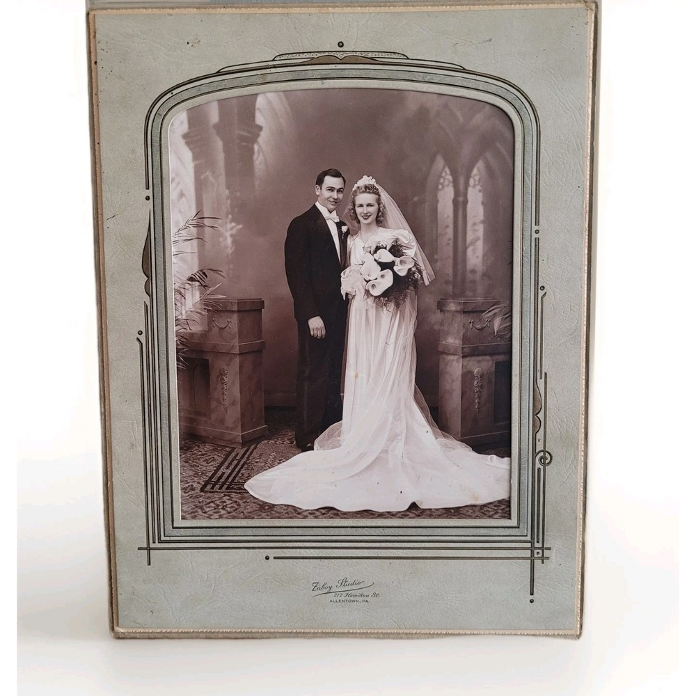 Antique Art Deco Wedding Photo in Original Embossed Folio - Mid-Century
